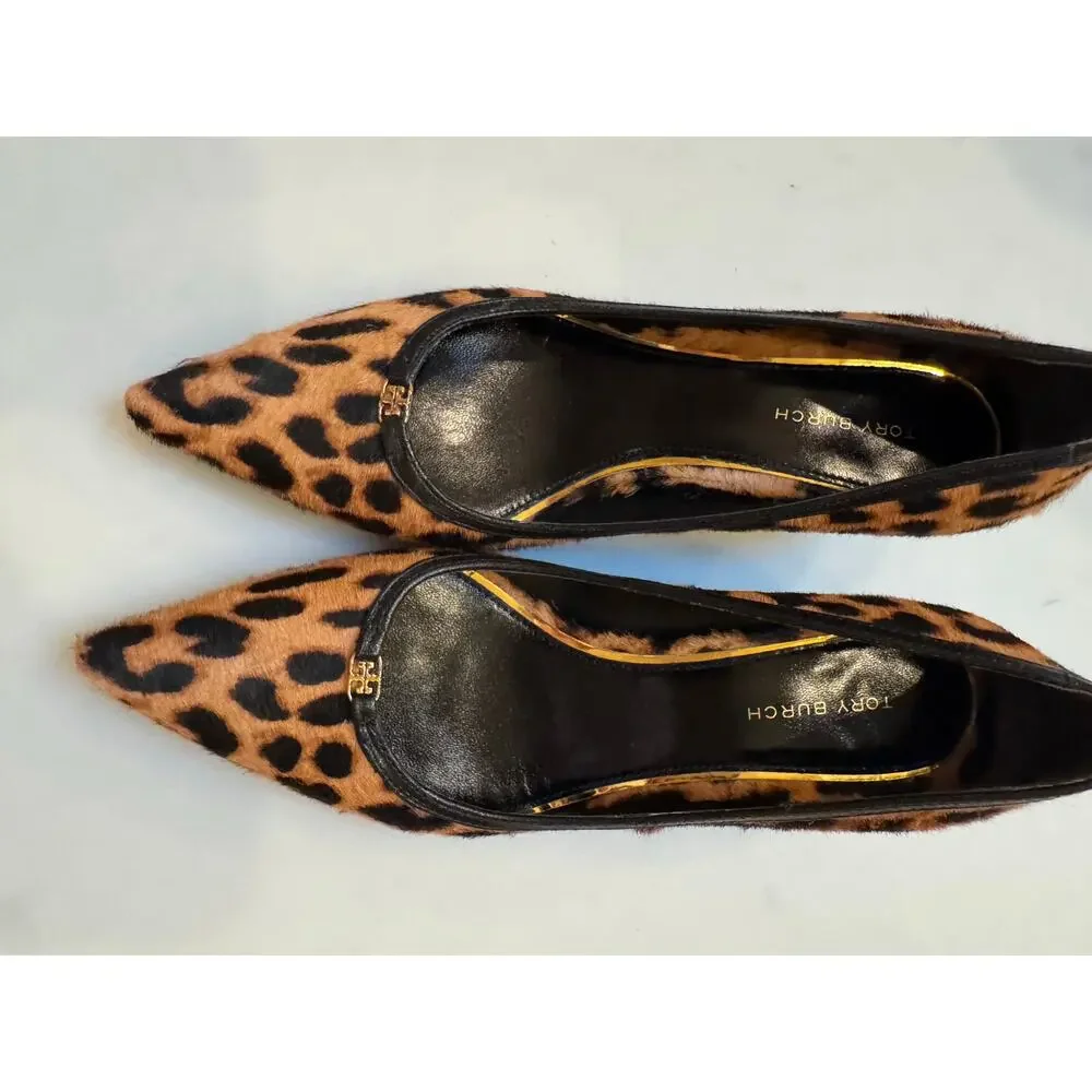 Tory Burch Double T Leopard Calf Hair Kitten Heel Pumps 5.5
